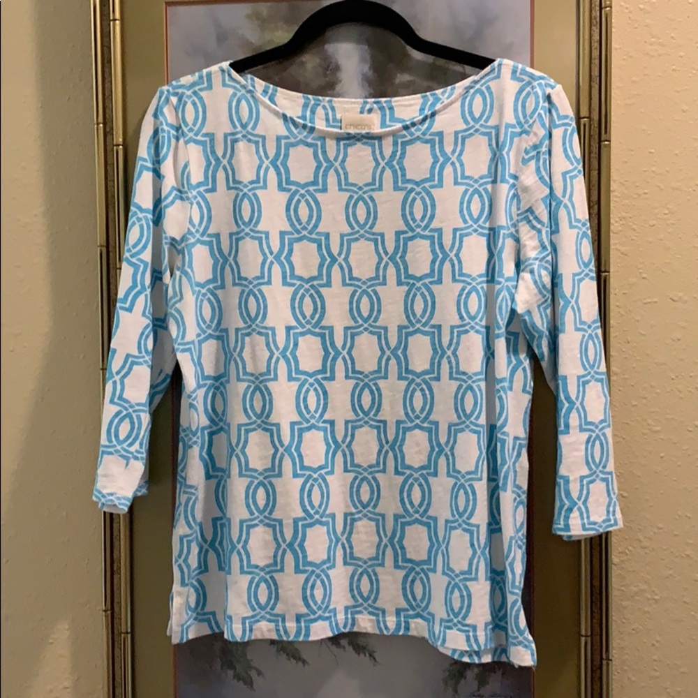 Three quarter length tee, turquoise & white.